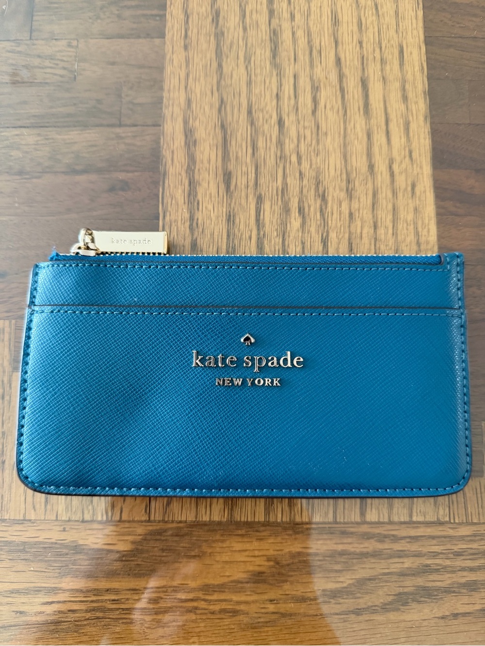 kate spade Teal Saffiano Leather Card Zip Wallet with Gold Logo